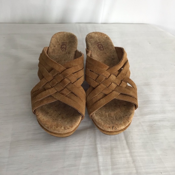 UGG WOMEN CARMAL TAN BRAIDED CRISS CROSS LEATHER WOOD WEDGE SANDALS SIZE 7 - Picture 2 of 8